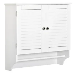 Armoire De Salle De Bains|kleankin Armoire haute murale salle de bain ou WC - placard 2 portes persiennes avec étagère - porte-serviette - MDF blanc