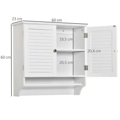 Armoire De Salle De Bains|kleankin Armoire haute murale salle de bain ou WC - placard 2 portes persiennes avec étagère - porte-serviette - MDF blanc