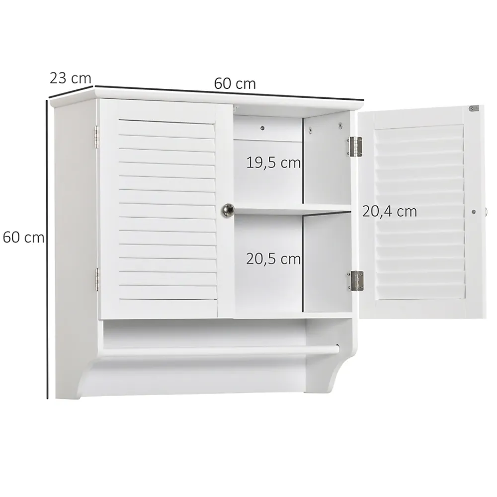 Armoire De Salle De Bains|kleankin Armoire haute murale salle de bain ou WC - placard 2 portes persiennes avec étagère - porte-serviette - MDF blanc