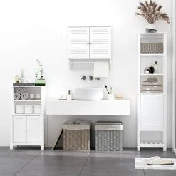 Armoire De Salle De Bains|kleankin Armoire haute murale salle de bain ou WC - placard 2 portes persiennes avec étagère - porte-serviette - MDF blanc