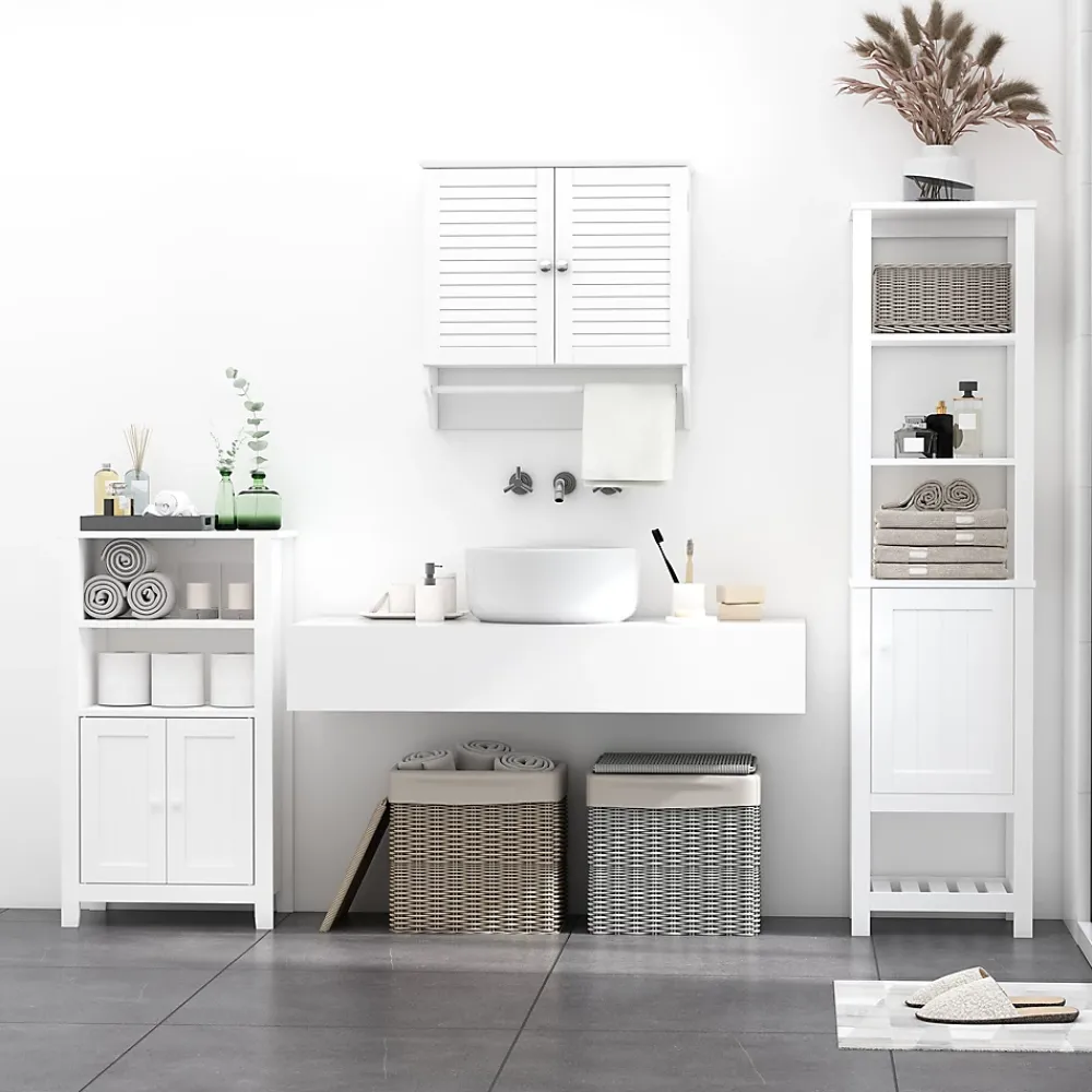 Armoire De Salle De Bains|kleankin Armoire haute murale salle de bain ou WC - placard 2 portes persiennes avec étagère - porte-serviette - MDF blanc