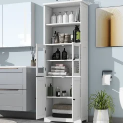 ProximaX Armoire haute salle de bain, laquée avec porte vitrée et porte bois, 2 étagères ouvertes avec séparateurs réglables, blanc