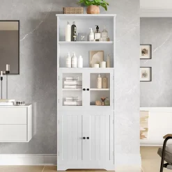 ProximaX Armoire haute salle de bain, laquée avec porte vitrée et porte bois, 2 étagères ouvertes avec séparateurs réglables, blanc