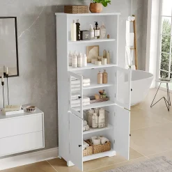 ProximaX Armoire haute salle de bain, laquée avec porte vitrée et porte bois, 2 étagères ouvertes avec séparateurs réglables, blanc