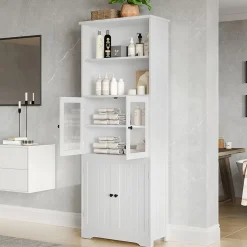 ProximaX Armoire haute salle de bain, laquée avec porte vitrée et porte bois, 2 étagères ouvertes avec séparateurs réglables, blanc