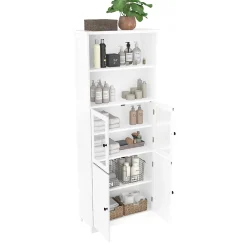 ProximaX Armoire haute salle de bain, laquée avec porte vitrée et porte bois, 2 étagères ouvertes avec séparateurs réglables, blanc