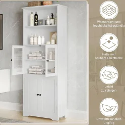 ProximaX Armoire haute salle de bain, laquée avec porte vitrée et porte bois, 2 étagères ouvertes avec séparateurs réglables, blanc