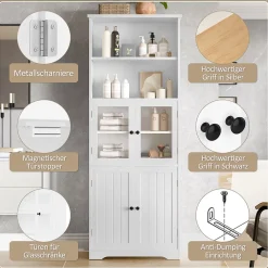 ProximaX Armoire haute salle de bain, laquée avec porte vitrée et porte bois, 2 étagères ouvertes avec séparateurs réglables, blanc