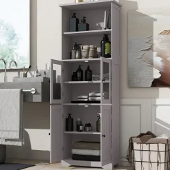 ProximaX Armoire haute salle de bain, porte vitrée et porte bois, 2 étagères ouvertes avec séparateurs réglables, gris