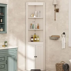 ProximaX Armoire haute salle de bain blanche, 3 compartiments ouverts, portes à charnières résistantes à l'humidité, étagères coulissantes