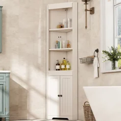 ProximaX Armoire haute salle de bain blanche, 3 compartiments ouverts, portes à charnières résistantes à l'humidité, étagères coulissantes