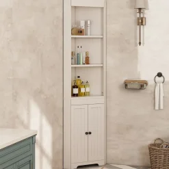 ProximaX Armoire haute salle de bain blanche, 3 compartiments ouverts, portes à charnières résistantes à l'humidité, étagères coulissantes