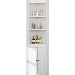 ProximaX Armoire haute salle de bain blanche, 3 compartiments ouverts, portes à charnières résistantes à l'humidité, étagères coulissantes