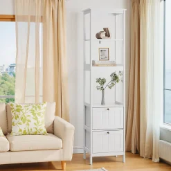Meuble Wc|ProximaX Armoire haute étroite blanche, meuble salle de bain autoportant avec 2 tiroirs et 3 étagères, colonne de rangement 40x30x160 cm