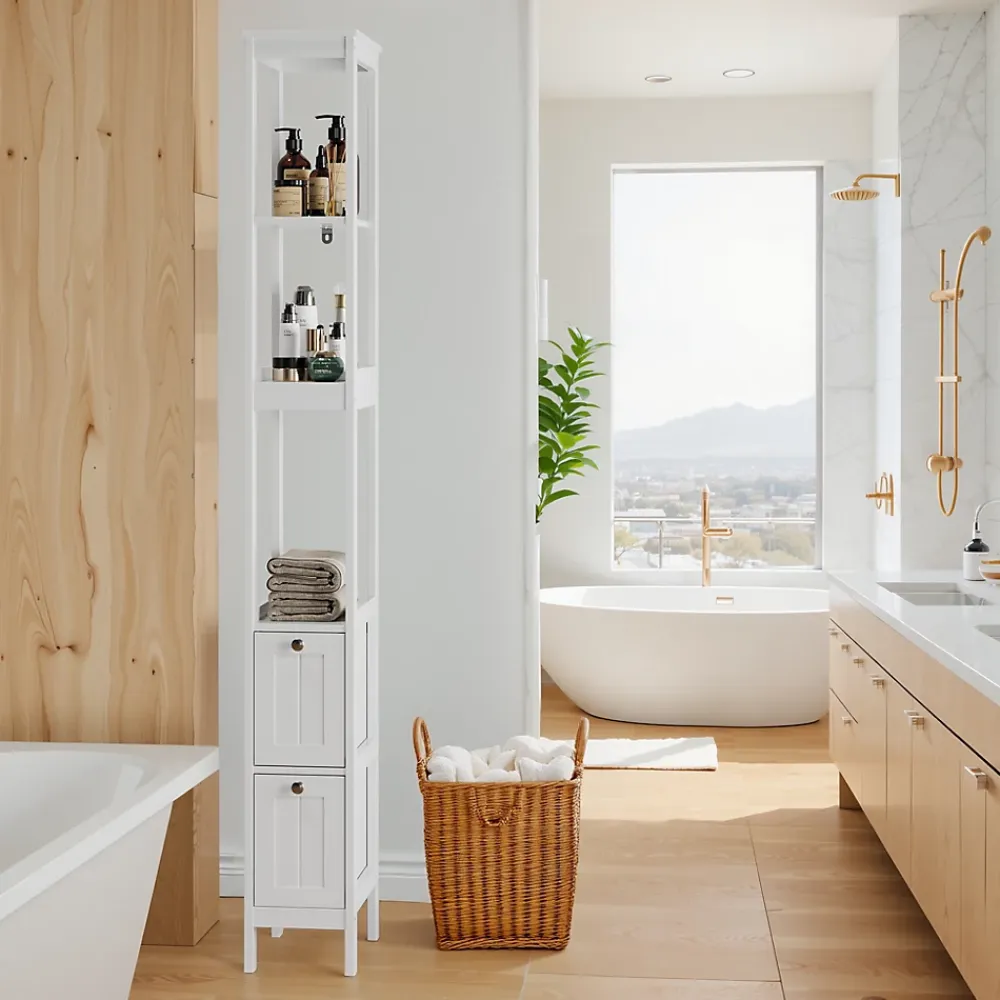 ProximaX Armoire haute étroite, meuble salle de bain autoportant avec 2 tiroirs et 3 étagères, colonne de rangement, Blanc