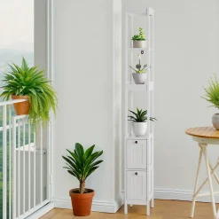 ProximaX Armoire haute étroite, meuble salle de bain autoportant avec 2 tiroirs et 3 étagères, colonne de rangement, Blanc