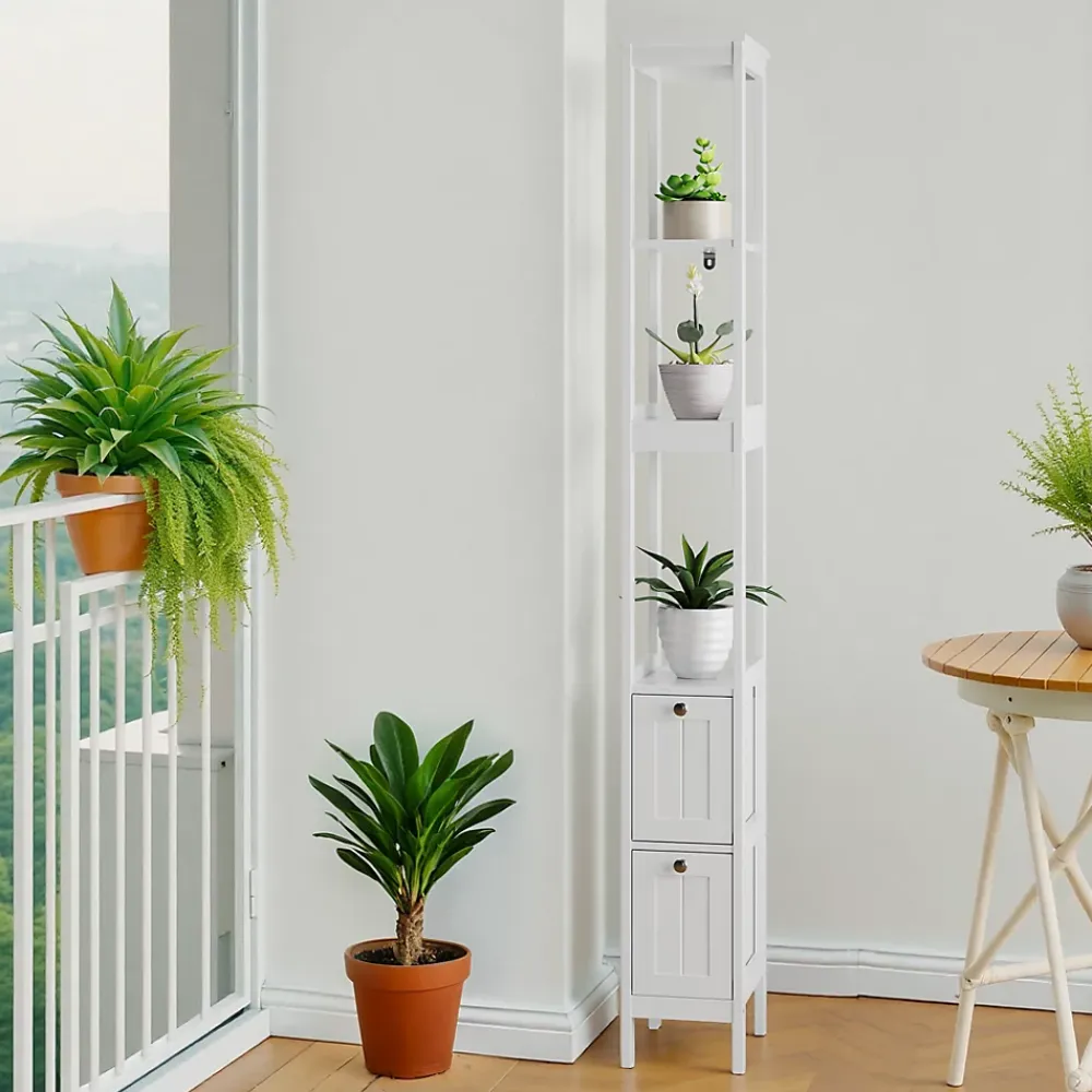 ProximaX Armoire haute étroite, meuble salle de bain autoportant avec 2 tiroirs et 3 étagères, colonne de rangement, Blanc