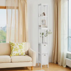 ProximaX Armoire haute étroite, meuble salle de bain autoportant avec 2 tiroirs et 3 étagères, colonne de rangement, Blanc