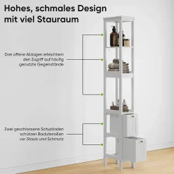 ProximaX Armoire haute étroite, meuble salle de bain autoportant avec 2 tiroirs et 3 étagères, colonne de rangement, Blanc