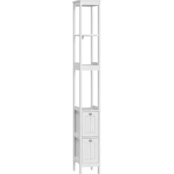 ProximaX Armoire haute étroite, meuble salle de bain autoportant avec 2 tiroirs et 3 étagères, colonne de rangement, Blanc