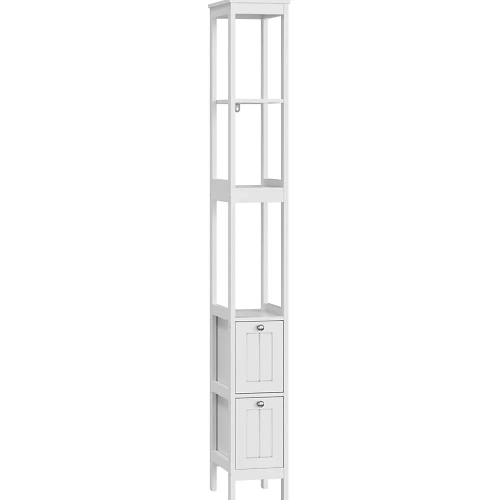 ProximaX Armoire haute étroite, meuble salle de bain autoportant avec 2 tiroirs et 3 étagères, colonne de rangement, Blanc