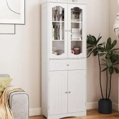 Giantex Armoire Hautede Salle de Bain 160 CM Portes en Verre Trempé Étagères Réglables Grand Tiroir