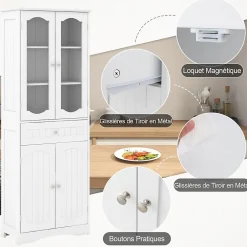 Giantex Armoire Hautede Salle de Bain 160 CM Portes en Verre Trempé Étagères Réglables Grand Tiroir