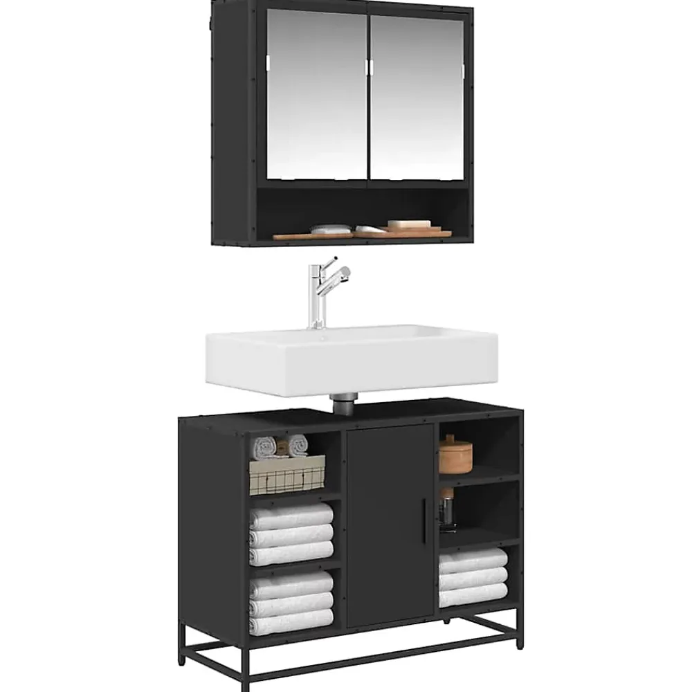 Meuble Wc|Vidaxl Armoire lavabo de salle de bain noir 80x33x60cm bois ingénierie