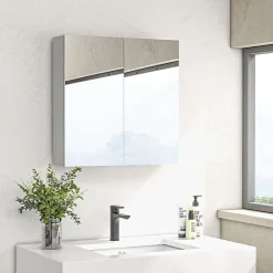 kleankin Armoire miroir de salle de bain armoire murale double portes et étagères dim. 60L x 15l x 60H cm MDF blanc
