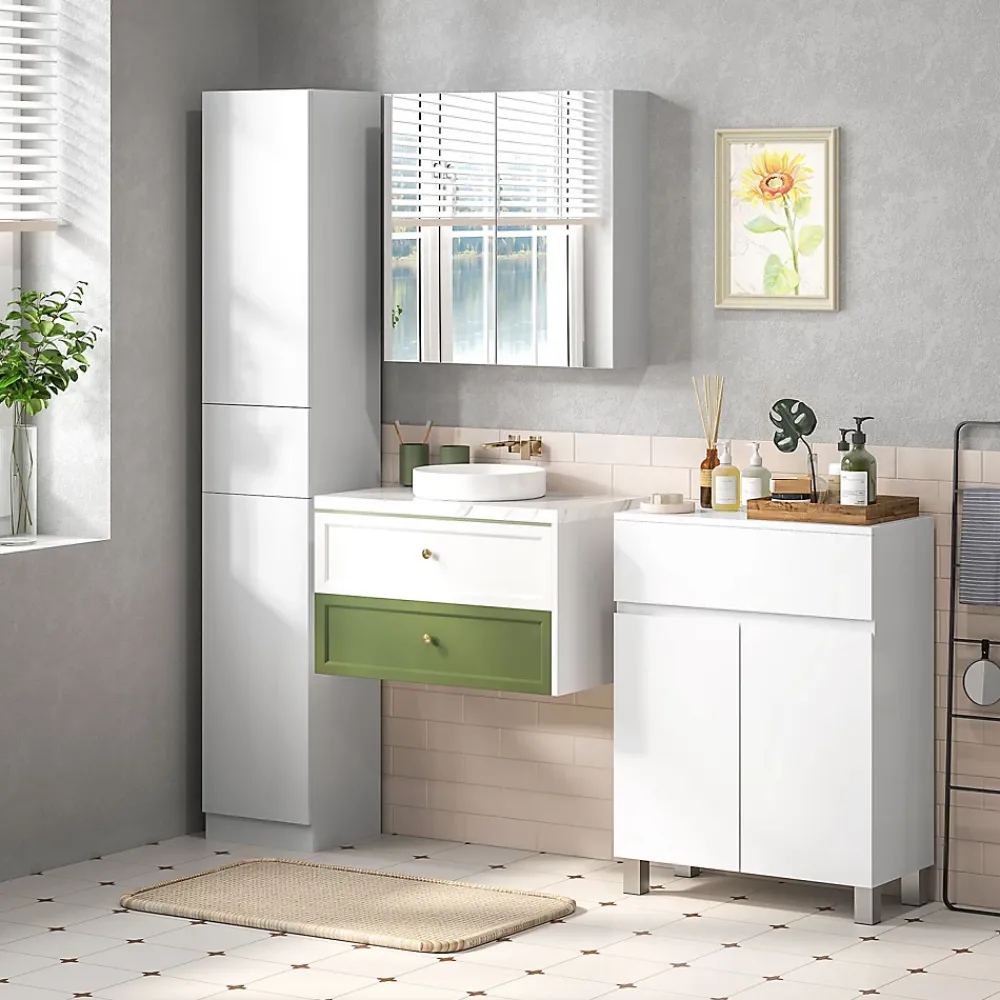 kleankin Armoire miroir de salle de bain armoire murale double portes et étagères dim. 60L x 15l x 60H cm MDF blanc