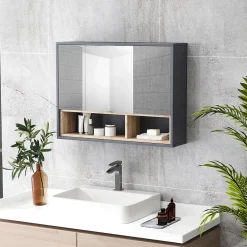 Armoire De Toilette|Homcom Armoire miroir de salle de bain - 3 portes, 3 étagères, 2 niches - dim. 80 x 20 x 60 cm - gris effet bois clair naturel