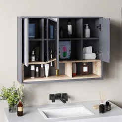 Armoire De Toilette|Homcom Armoire miroir de salle de bain - 3 portes, 3 étagères, 2 niches - dim. 80 x 20 x 60 cm - gris effet bois clair naturel