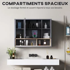 Armoire De Toilette|Homcom Armoire miroir de salle de bain - 3 portes, 3 étagères, 2 niches - dim. 80 x 20 x 60 cm - gris effet bois clair naturel