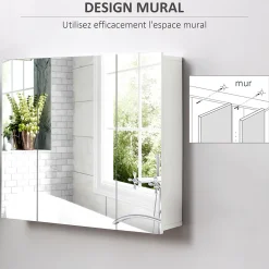 Armoire De Toilette|kleankin Armoire miroir de salle de bain armoire murale 3 portes 2 étagères dim. 70L x 15l x 60H cm MDF blanc