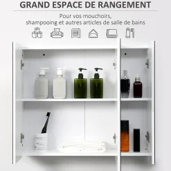 Armoire De Toilette|kleankin Armoire miroir de salle de bain armoire murale 3 portes 2 étagères dim. 70L x 15l x 60H cm MDF blanc