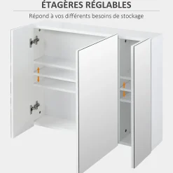 Armoire De Toilette|kleankin Armoire miroir de salle de bain armoire murale 3 portes 2 étagères dim. 70L x 15l x 60H cm MDF blanc
