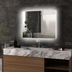 kleankin Armoire miroir LED de salle de bain - 2 portes, 2 étagères - tactile, lumière réglable - MDF blanc laqué verre
