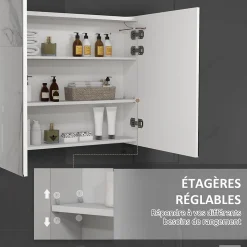 kleankin Armoire miroir LED de salle de bain - 2 portes, 2 étagères - tactile, lumière réglable - MDF blanc laqué verre