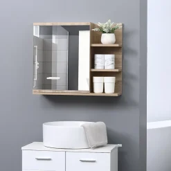 Armoire De Toilette|kleankin Armoire miroir murale de salle de bain avec étagère - 3 étagères latérales, kit installation - aspect chêne clair