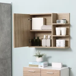 Armoire De Toilette|kleankin Armoire miroir murale de salle de bain avec étagère - 3 étagères latérales, kit installation - aspect chêne clair