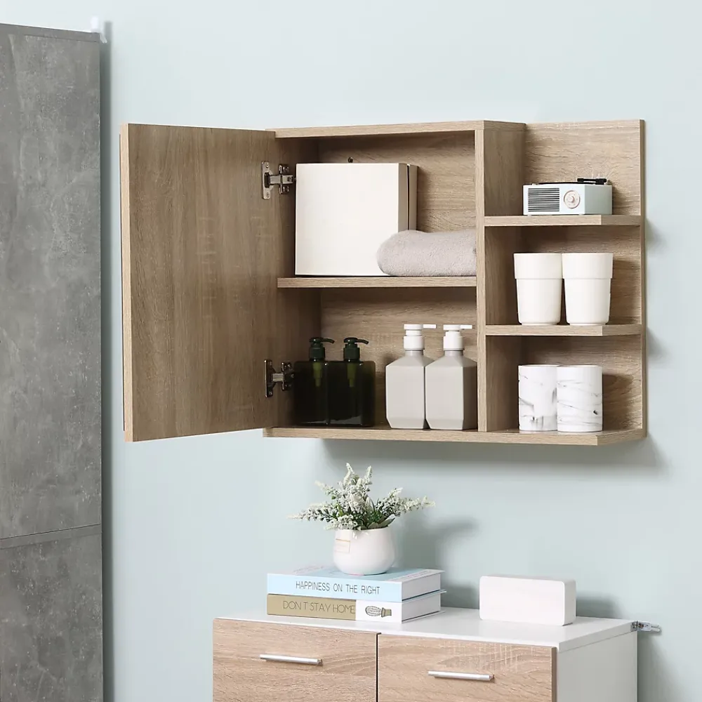 Armoire De Toilette|kleankin Armoire miroir murale de salle de bain avec étagère - 3 étagères latérales, kit installation - aspect chêne clair