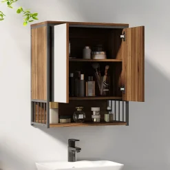 Homcom Armoire miroir murale salle de bain 2 portes design - étagère, niche - métal noir effet bois noyer