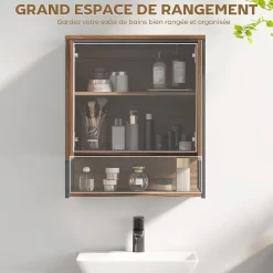 Homcom Armoire miroir murale salle de bain 2 portes design - étagère, niche - métal noir effet bois noyer