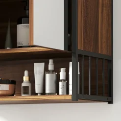 Homcom Armoire miroir murale salle de bain 2 portes design - étagère, niche - métal noir effet bois noyer