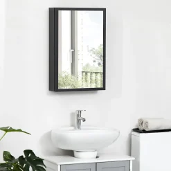kleankin Armoire miroir murale salle de bain toilette dim. 40L x 12l x 60H cm acier inox. noir verre