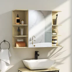 Homcom Armoire miroir murale salle de bain - porte, étagère, 2x3 tablettes latérales - 80 x 20 x 59 cm - effet bois clair