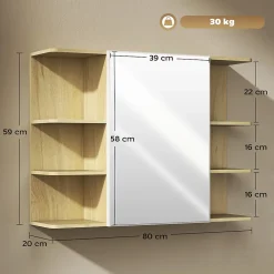 Homcom Armoire miroir murale salle de bain - porte, étagère, 2x3 tablettes latérales - 80 x 20 x 59 cm - effet bois clair