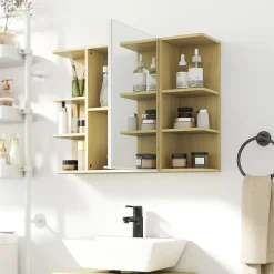 Homcom Armoire miroir murale salle de bain - porte, étagère, 2x3 tablettes latérales - 80 x 20 x 59 cm - effet bois clair