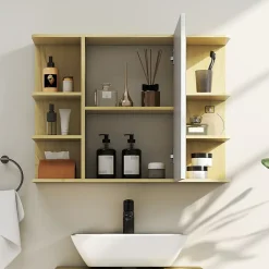 Homcom Armoire miroir murale salle de bain - porte, étagère, 2x3 tablettes latérales - 80 x 20 x 59 cm - effet bois clair