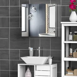 Armoire De Toilette|Homcom Armoire miroir rangement toilette salle de bain meuble mural dim. 60L x 12l x 55H cm acier inox.